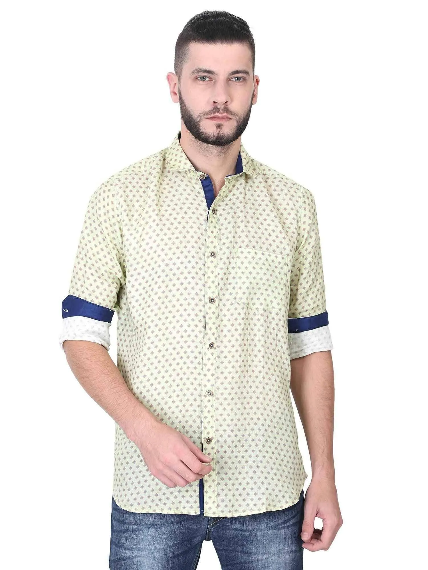 Mustured Color Digital Printed Full Sleeve Shirt Men's Plus Size