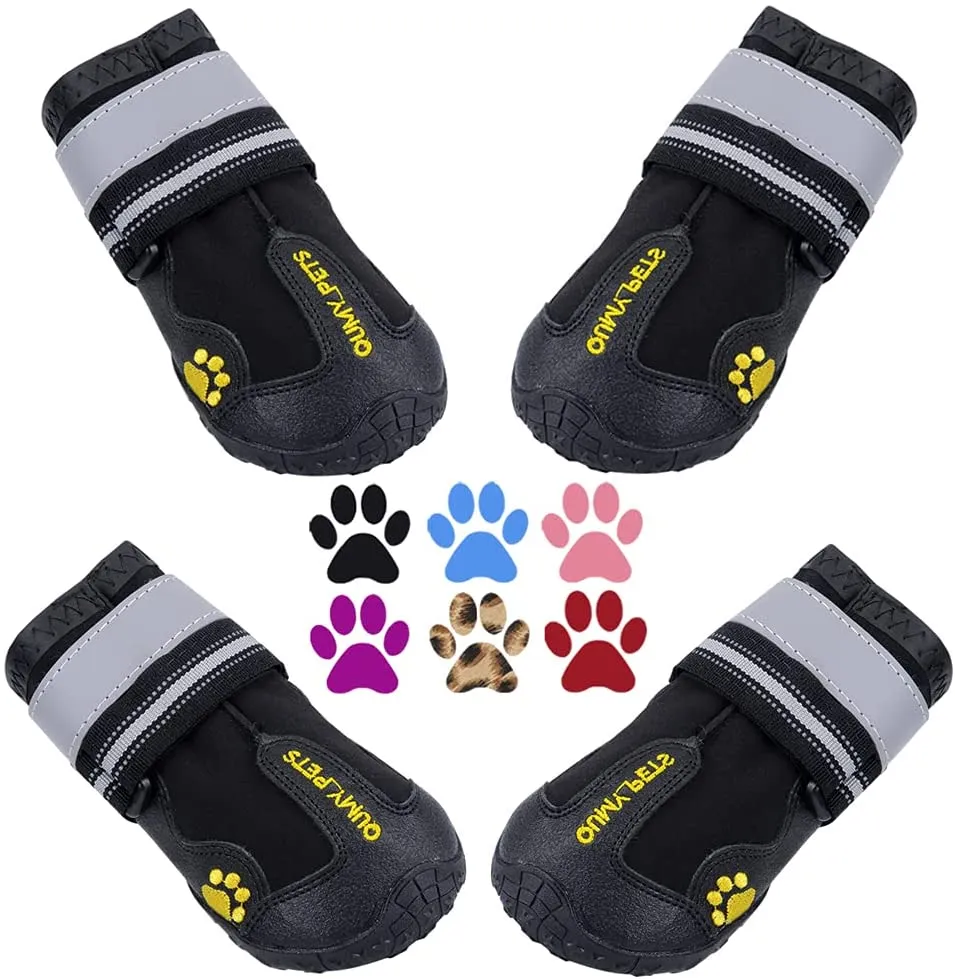 New QUMY Set of 4 Waterproof Dog Boots with Reflective Strips - Heavy Duty Non-Slip Sole - Black - Size 2! For 18-27 Lb Dogs!