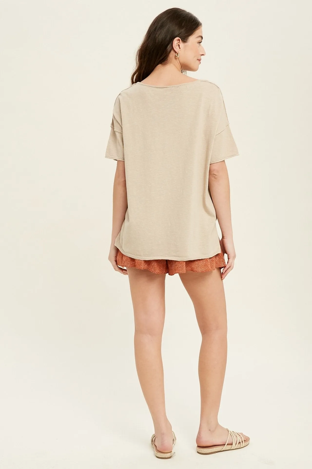 Oversized drop shoulder slub knit top with side slit detail