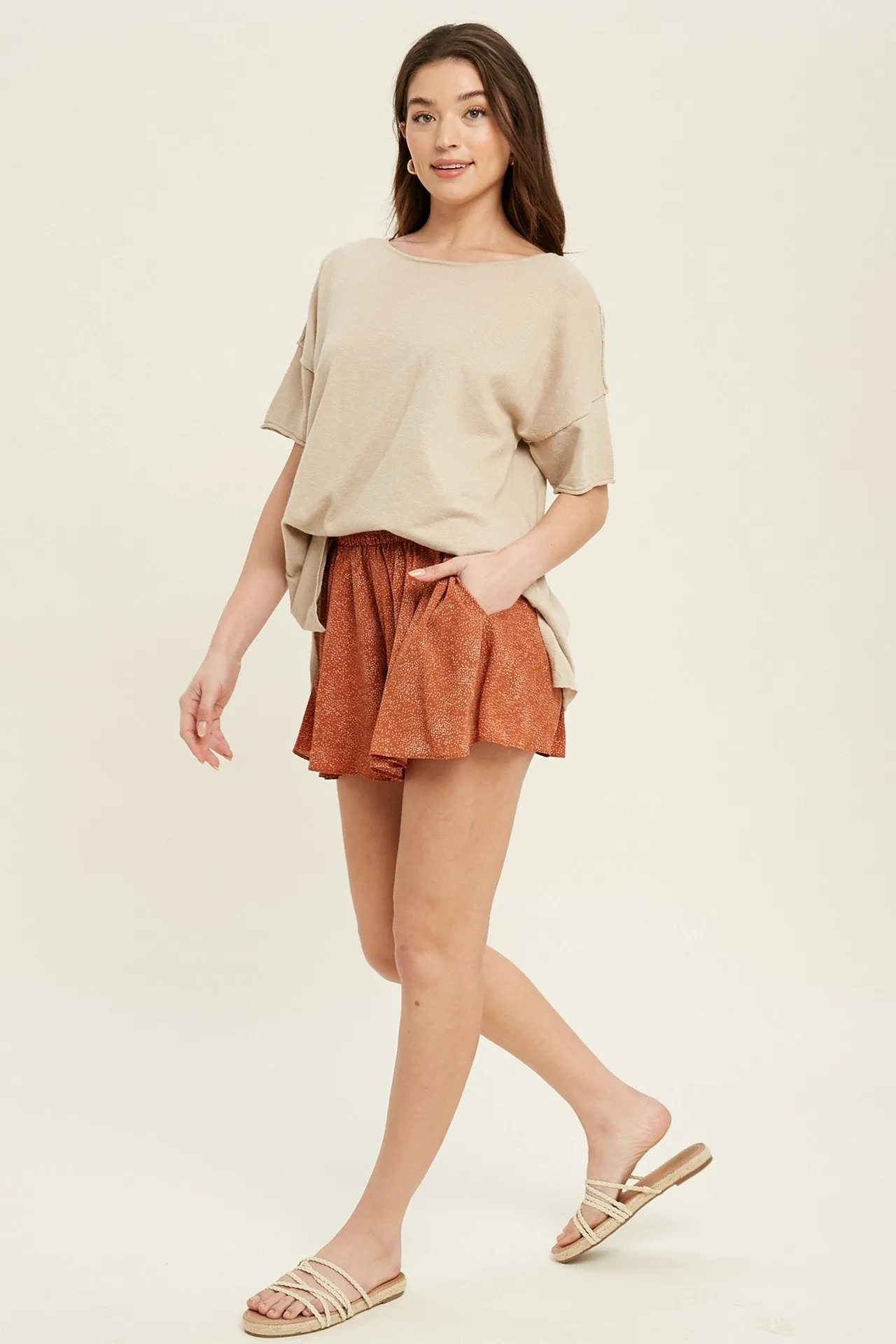 Oversized drop shoulder slub knit top with side slit detail