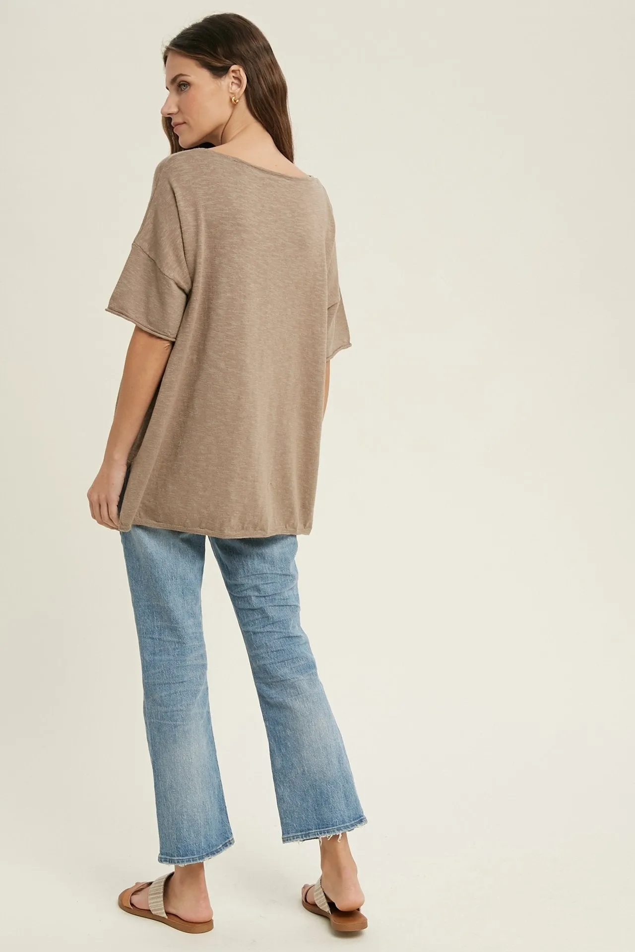 Oversized drop shoulder slub knit top with side slit detail