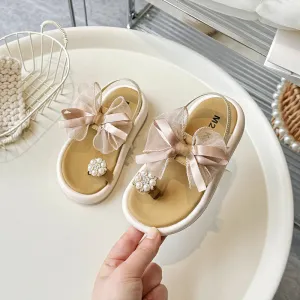 Pearl & Bow Applique Back Elastic Sandals - Gold