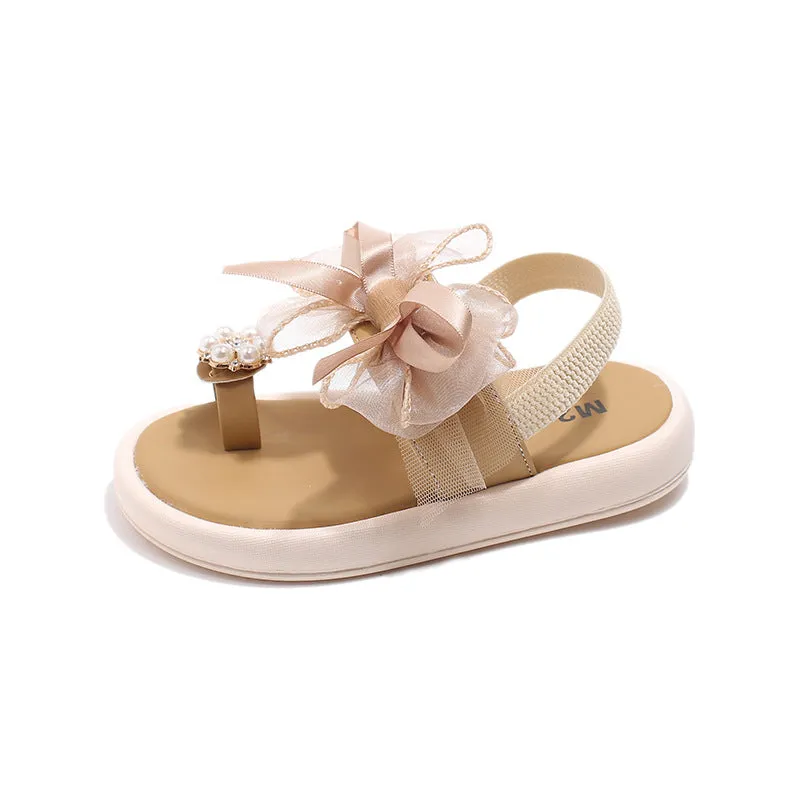 Pearl & Bow Applique Back Elastic Sandals - Gold