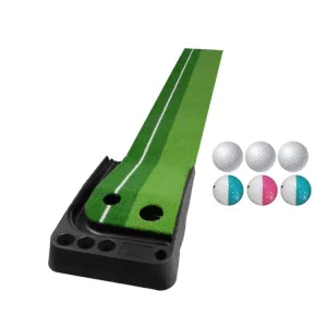 PGM Golf Putting Mat Push Rod Trainer 2.5m, with Three Soft Balls & Three Bicolor Balls, without Auto Ball Return Fairway (Green)