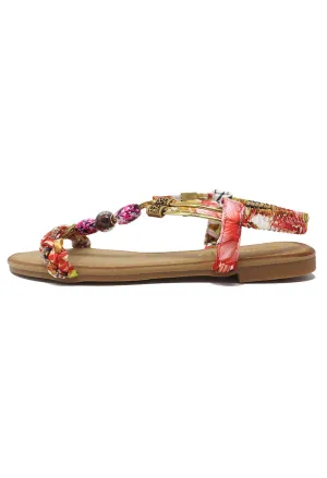 Red Multi coloured T Strap Sandal