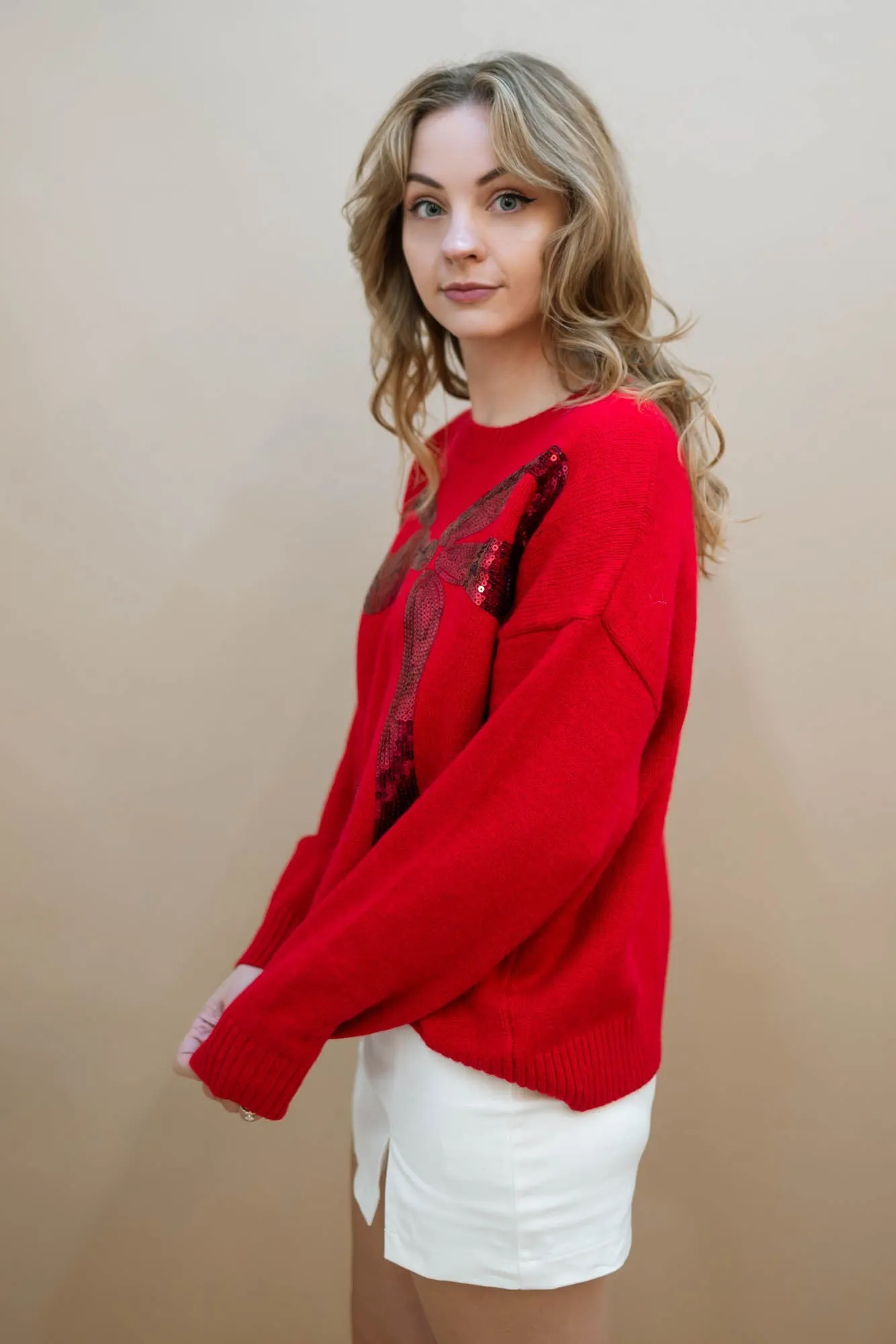 Red Sequin Ribbon Sweater