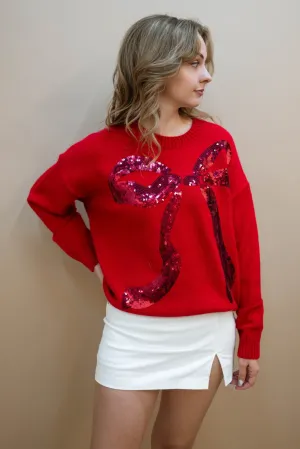 Red Sequin Ribbon Sweater