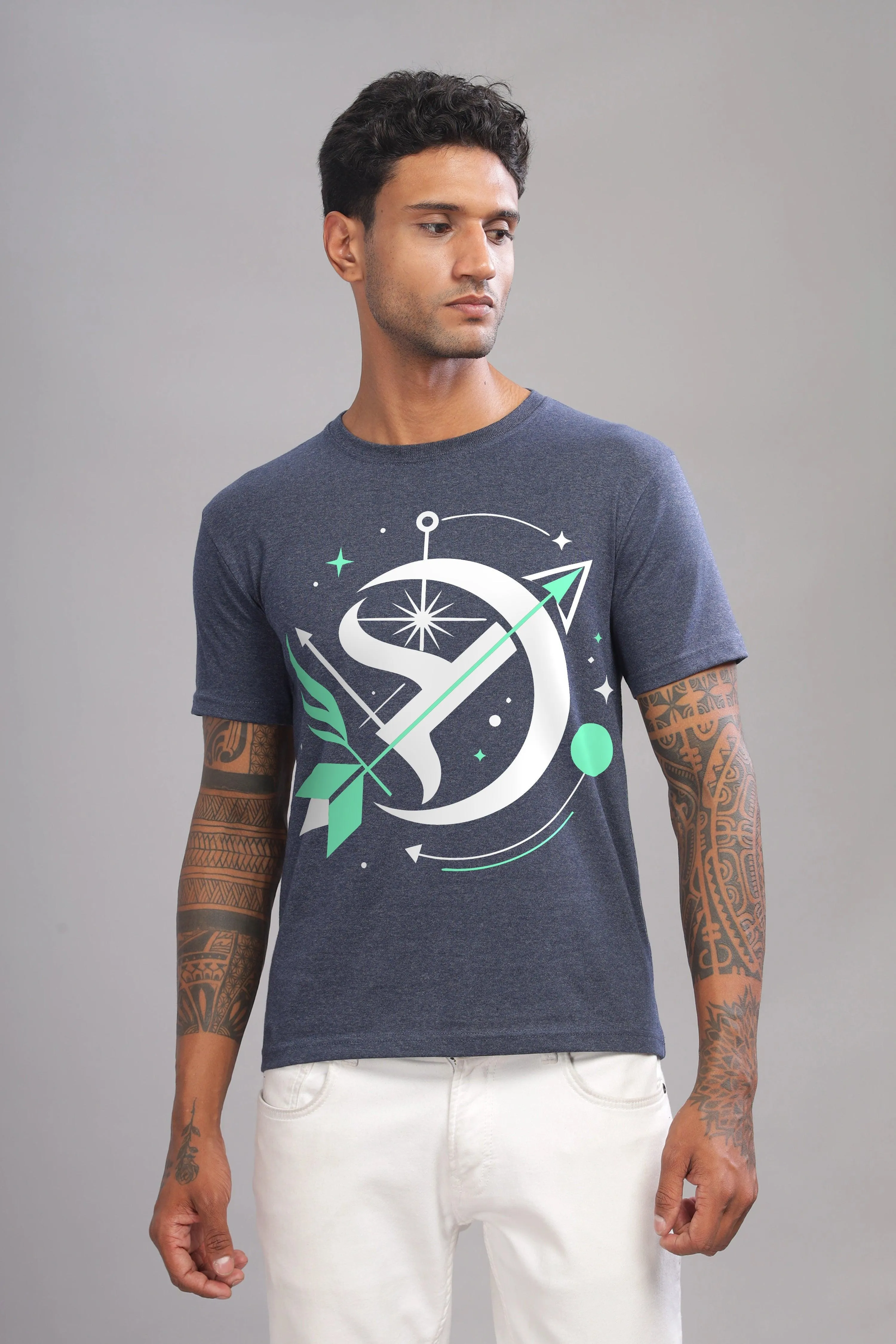 Starry Sagittarian Denim Blue Half Sleeve Printed Round Neck T-Shirt