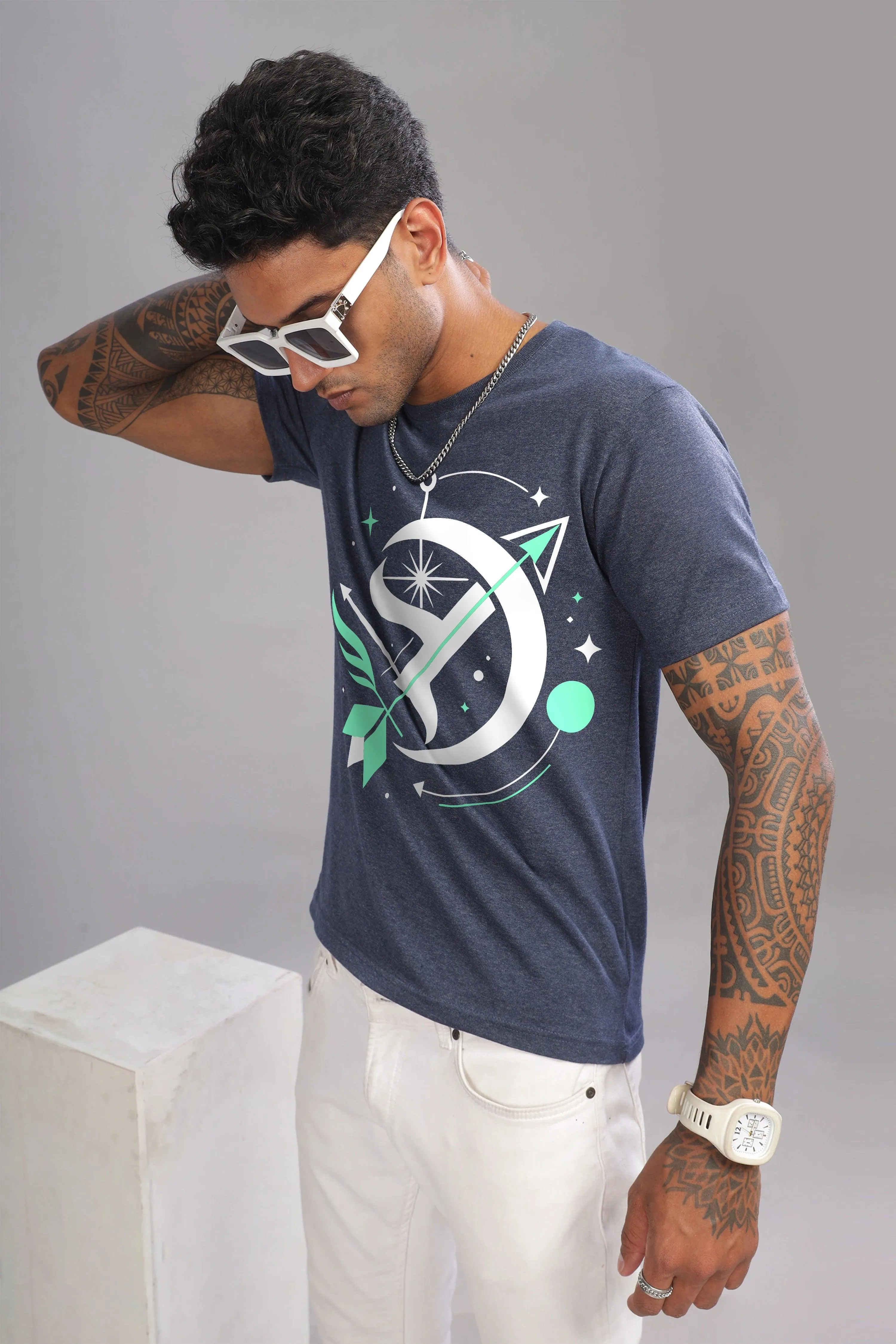 Starry Sagittarian Denim Blue Half Sleeve Printed Round Neck T-Shirt