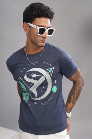 Starry Sagittarian Denim Blue Half Sleeve Printed Round Neck T-Shirt