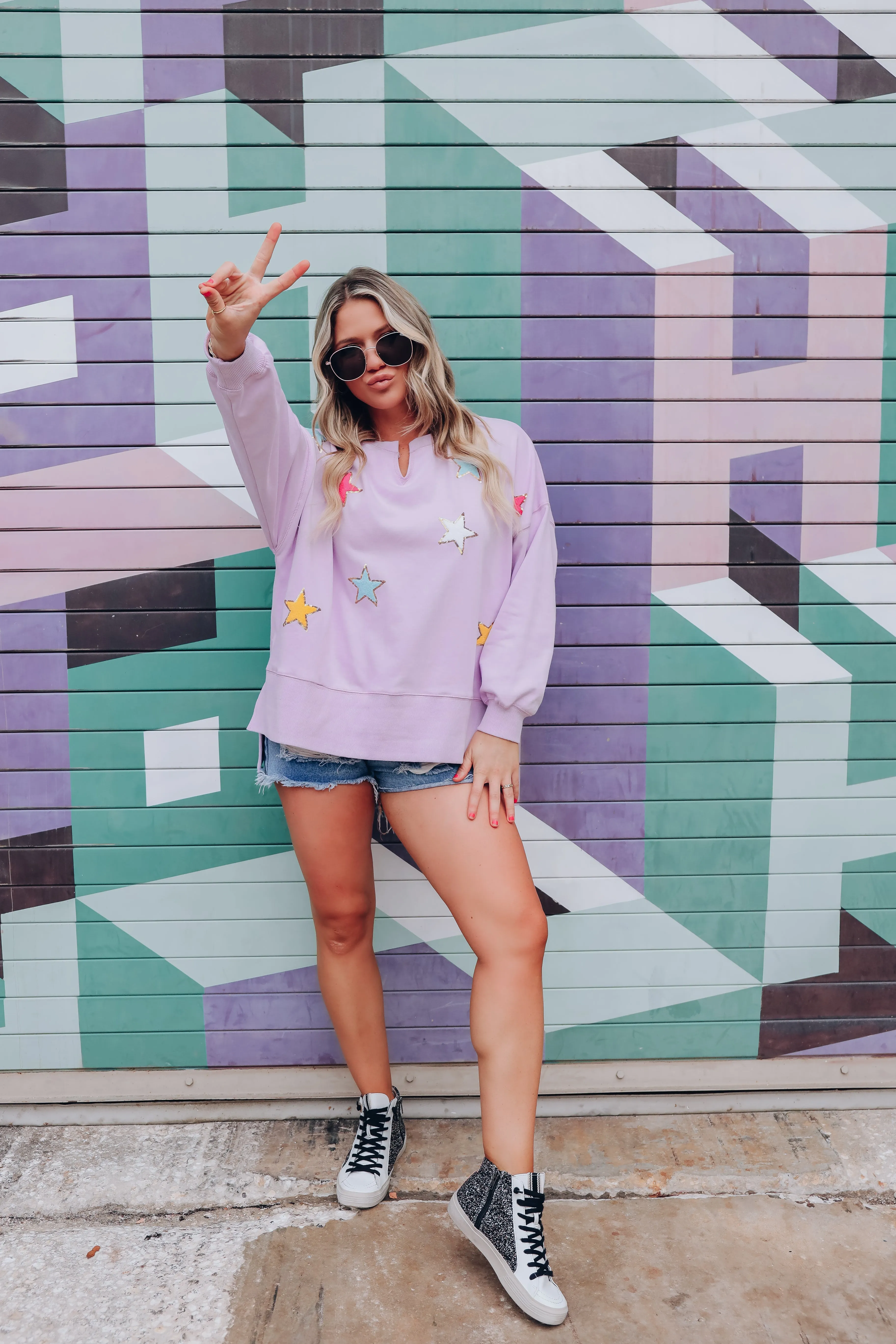 Stars Like Confetti Patch Sweatshirt - Lavender