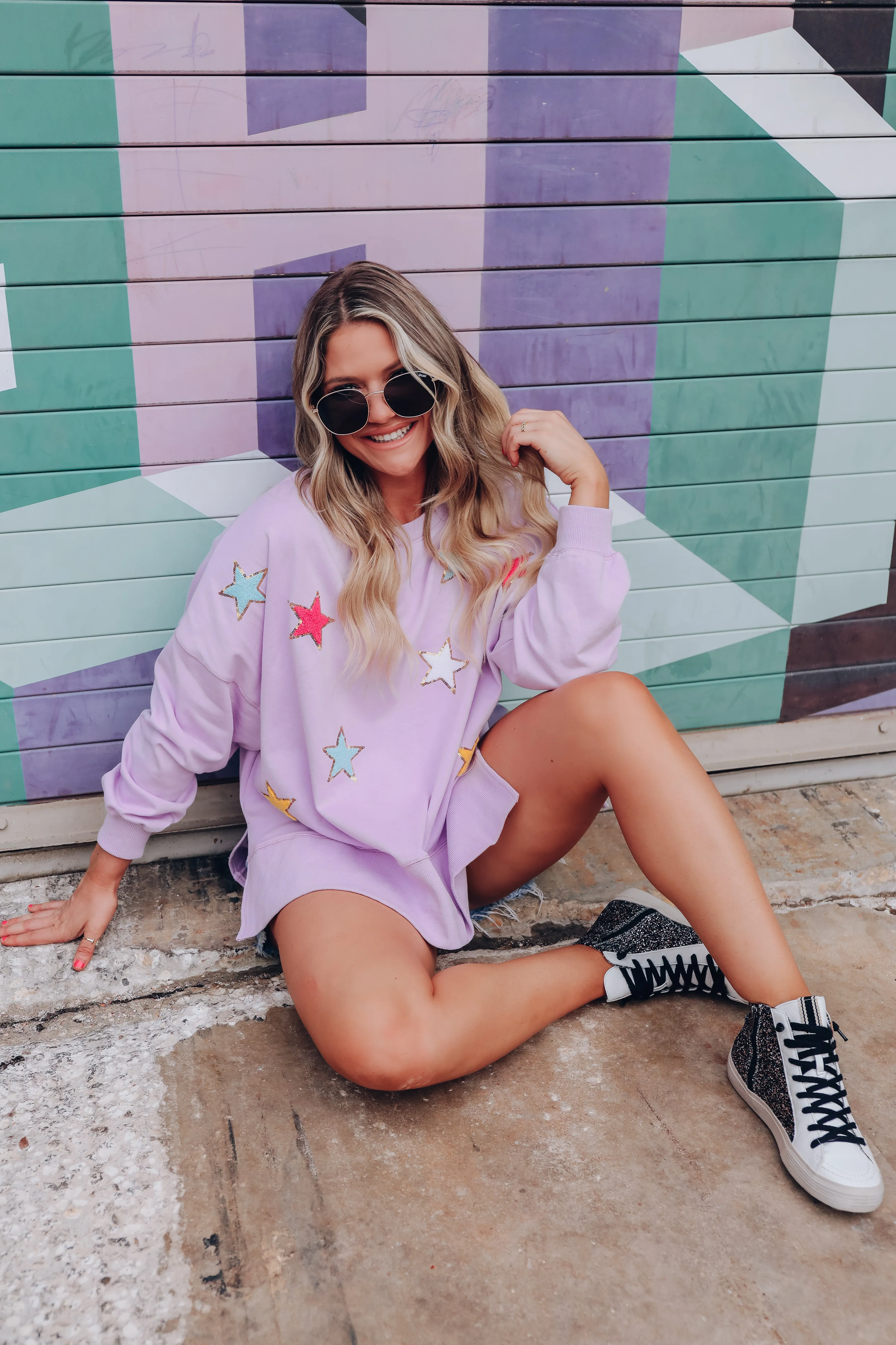 Stars Like Confetti Patch Sweatshirt - Lavender