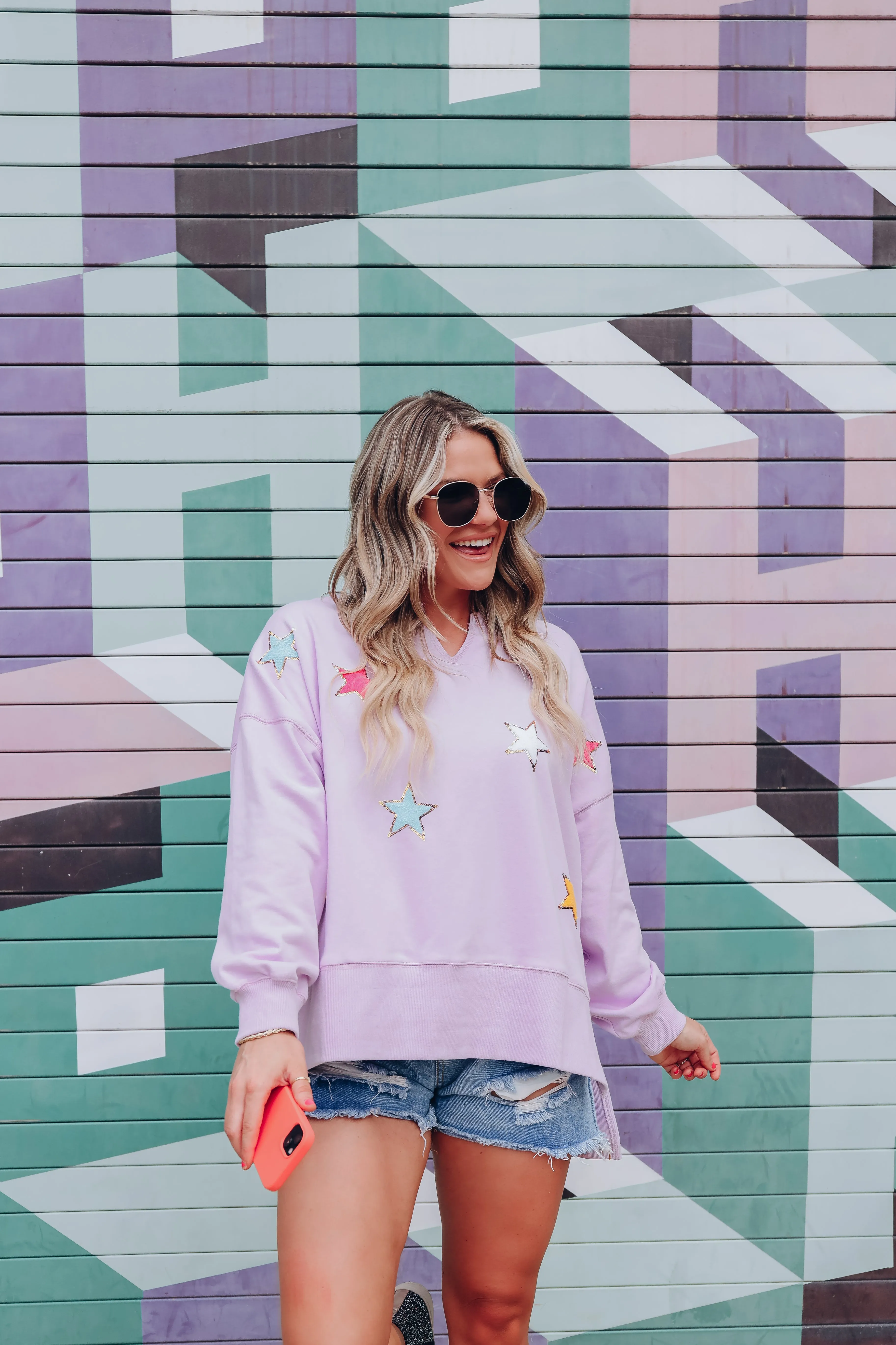 Stars Like Confetti Patch Sweatshirt - Lavender