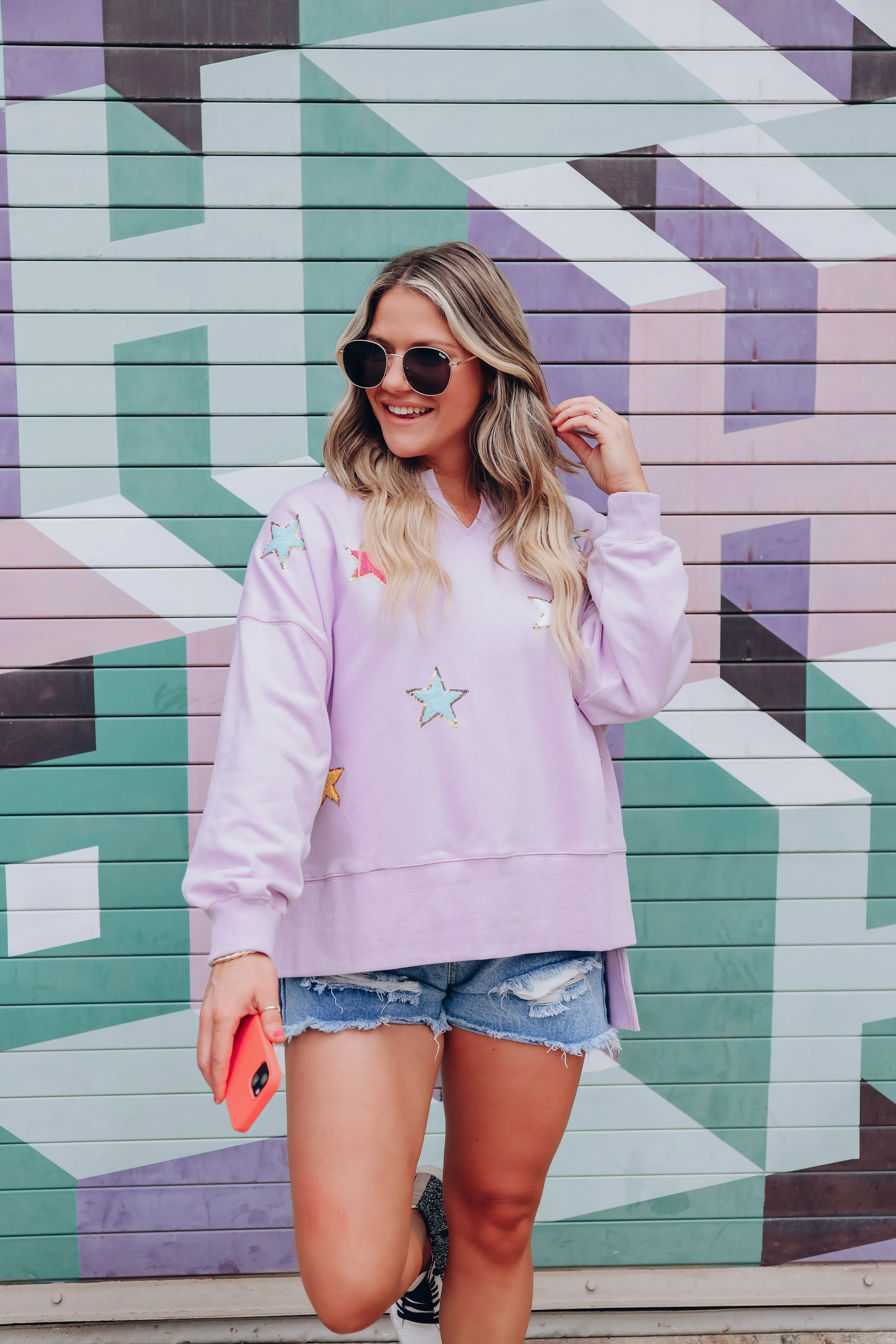 Stars Like Confetti Patch Sweatshirt - Lavender