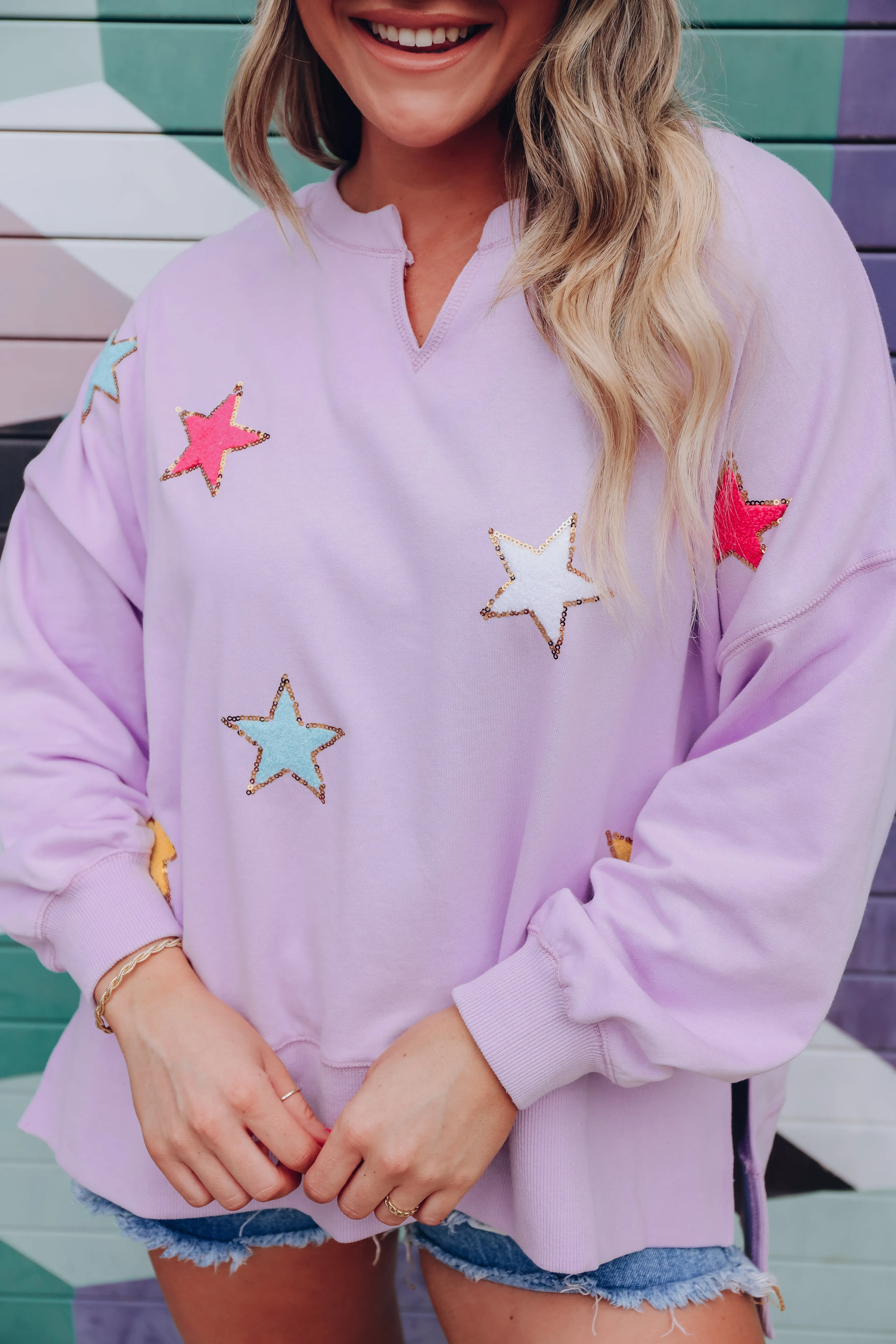 Stars Like Confetti Patch Sweatshirt - Lavender