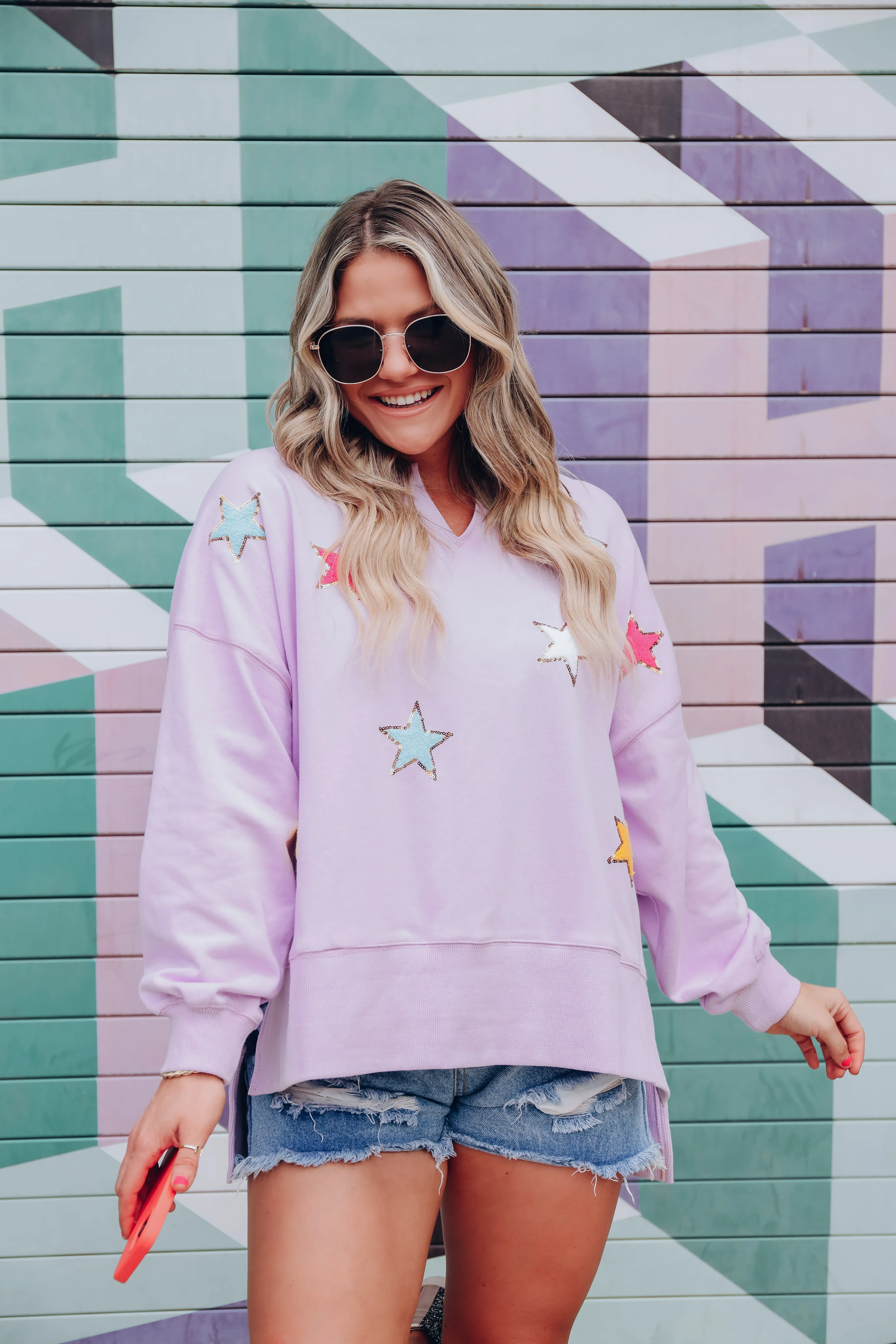 Stars Like Confetti Patch Sweatshirt - Lavender