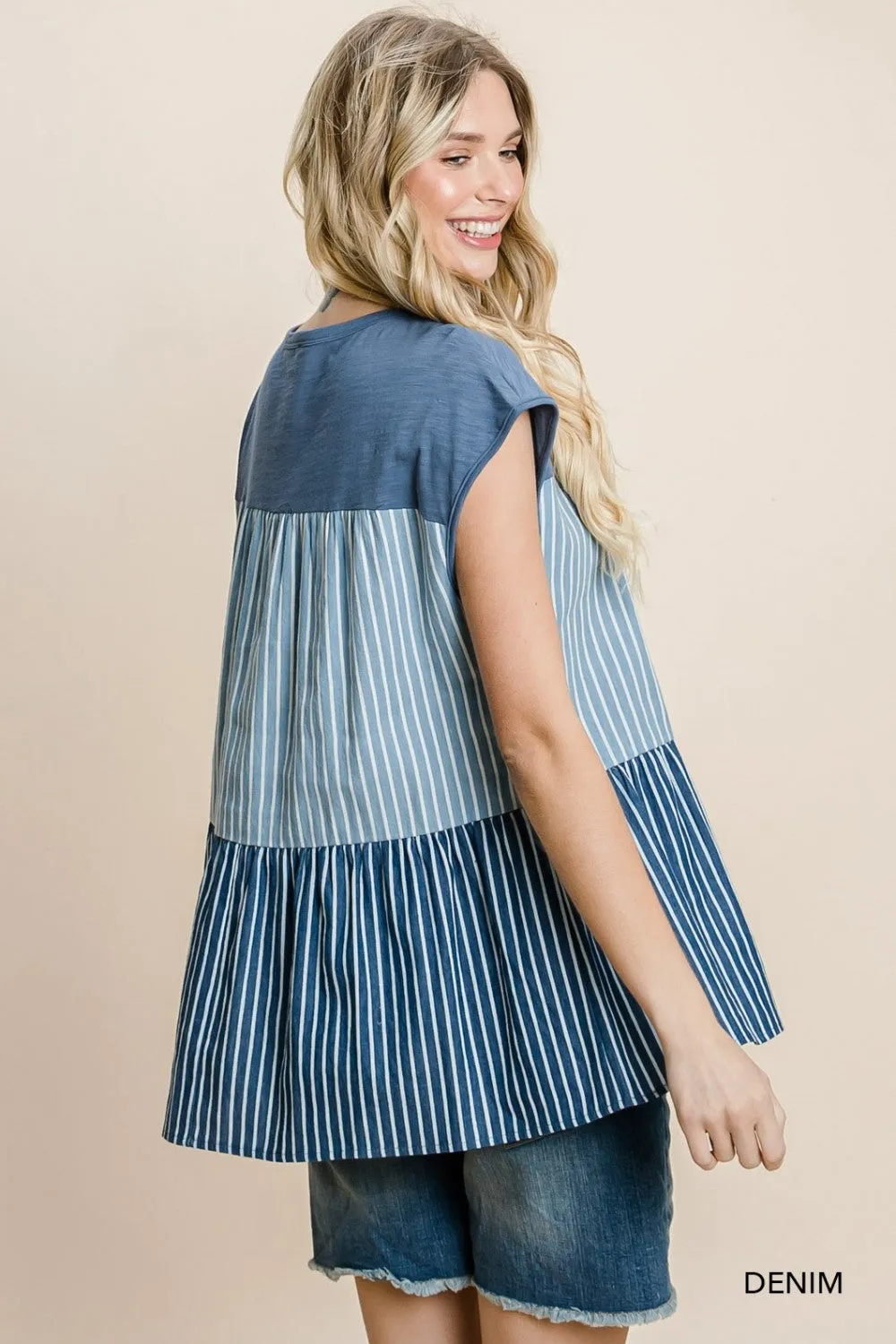 Striped & Tiered Denim Top