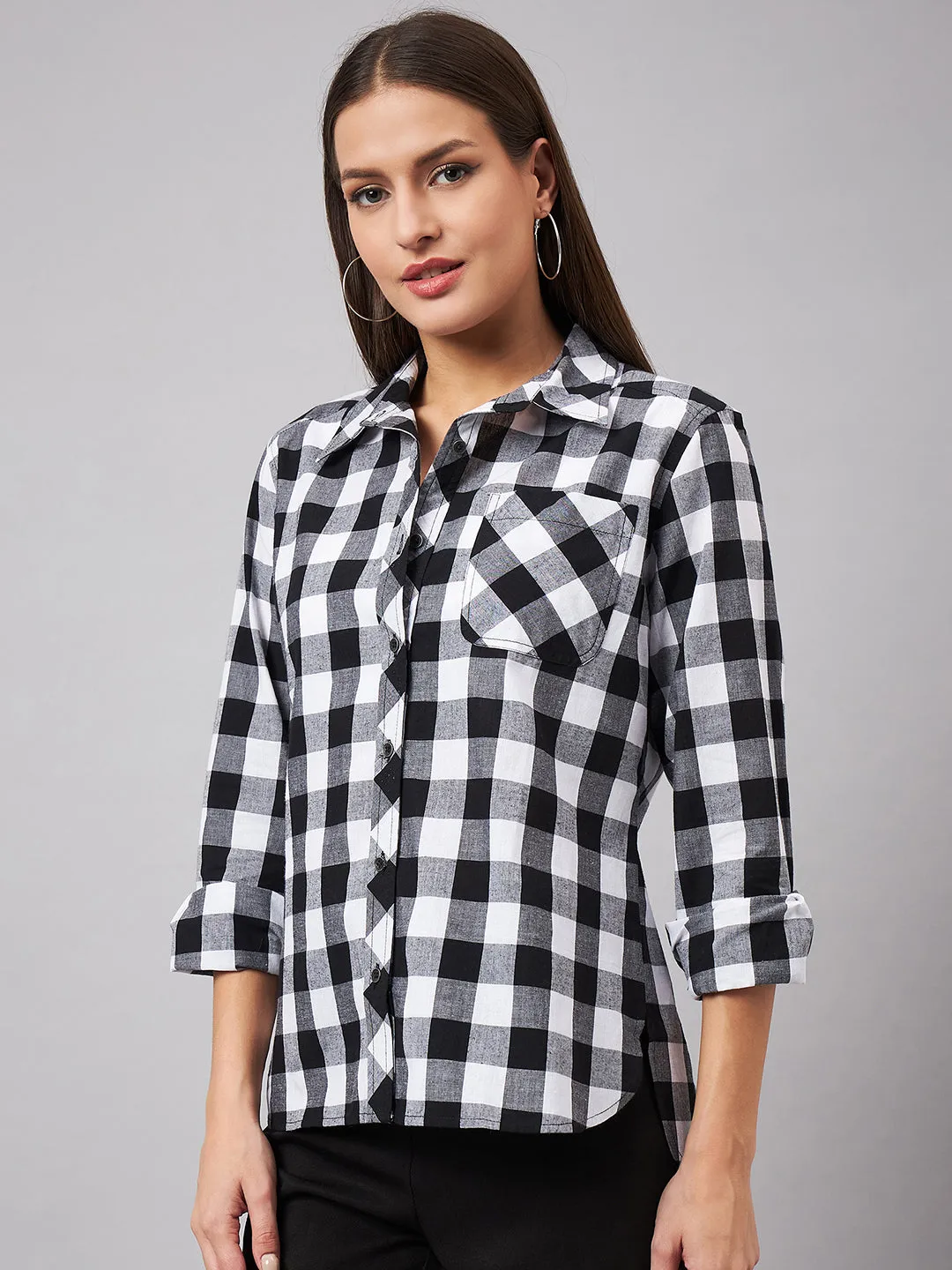 Style Quotient Women Casual Black and White Checks Spread Collar Full Sleeve Shirt