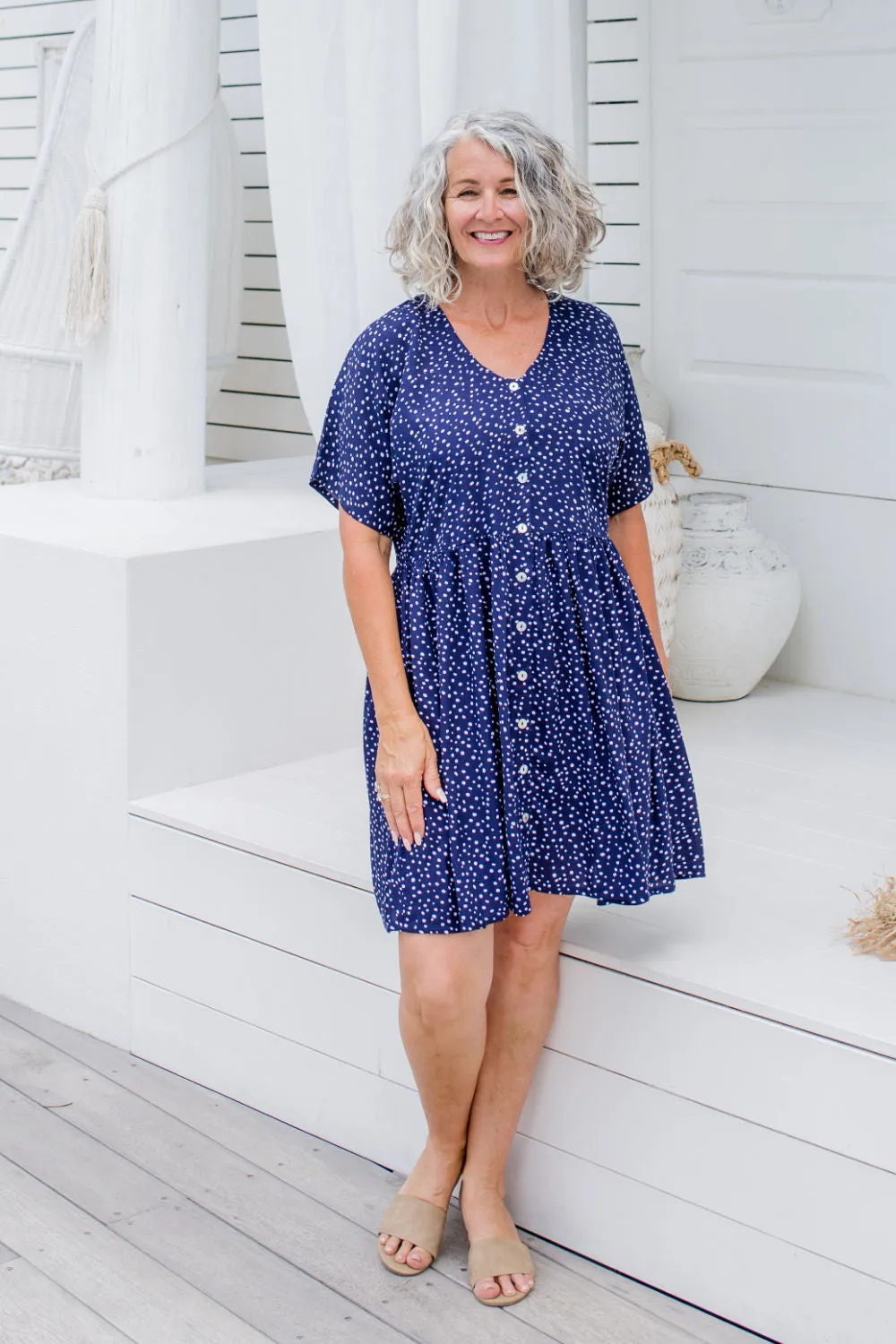 Summer Dress - Blue Messy Polka