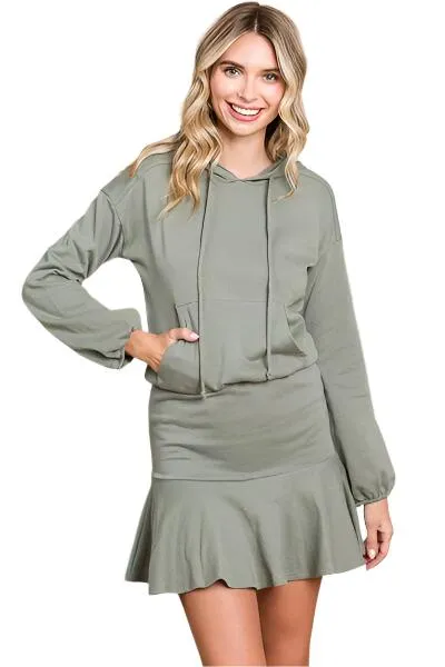 TEEK - Fade Olive Drawstring Hooded Mini Dress