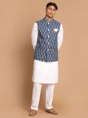 VASTRAMAY Grey Nehru Jacket with White Pant