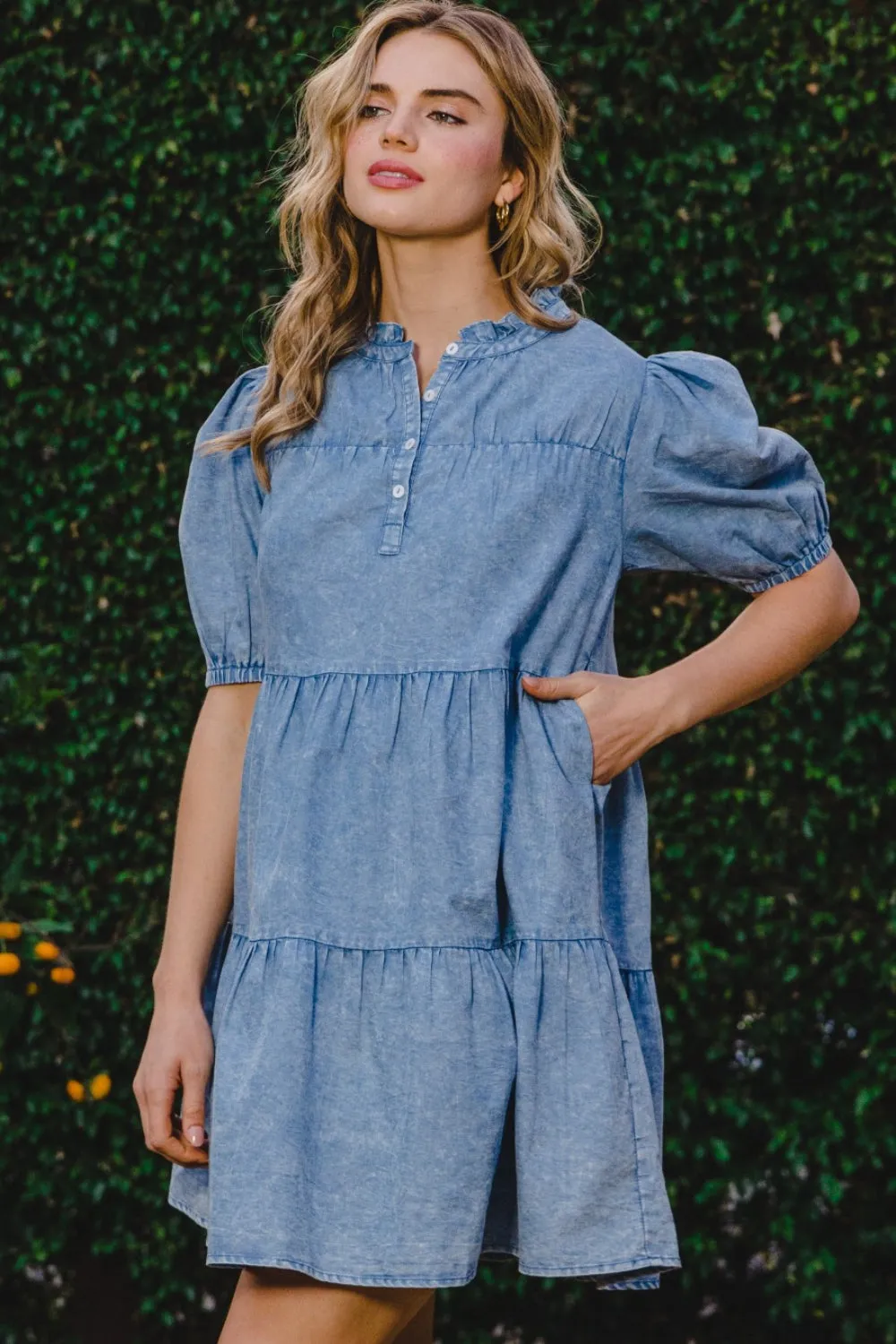 Washed Tiered Mini Denim Dress