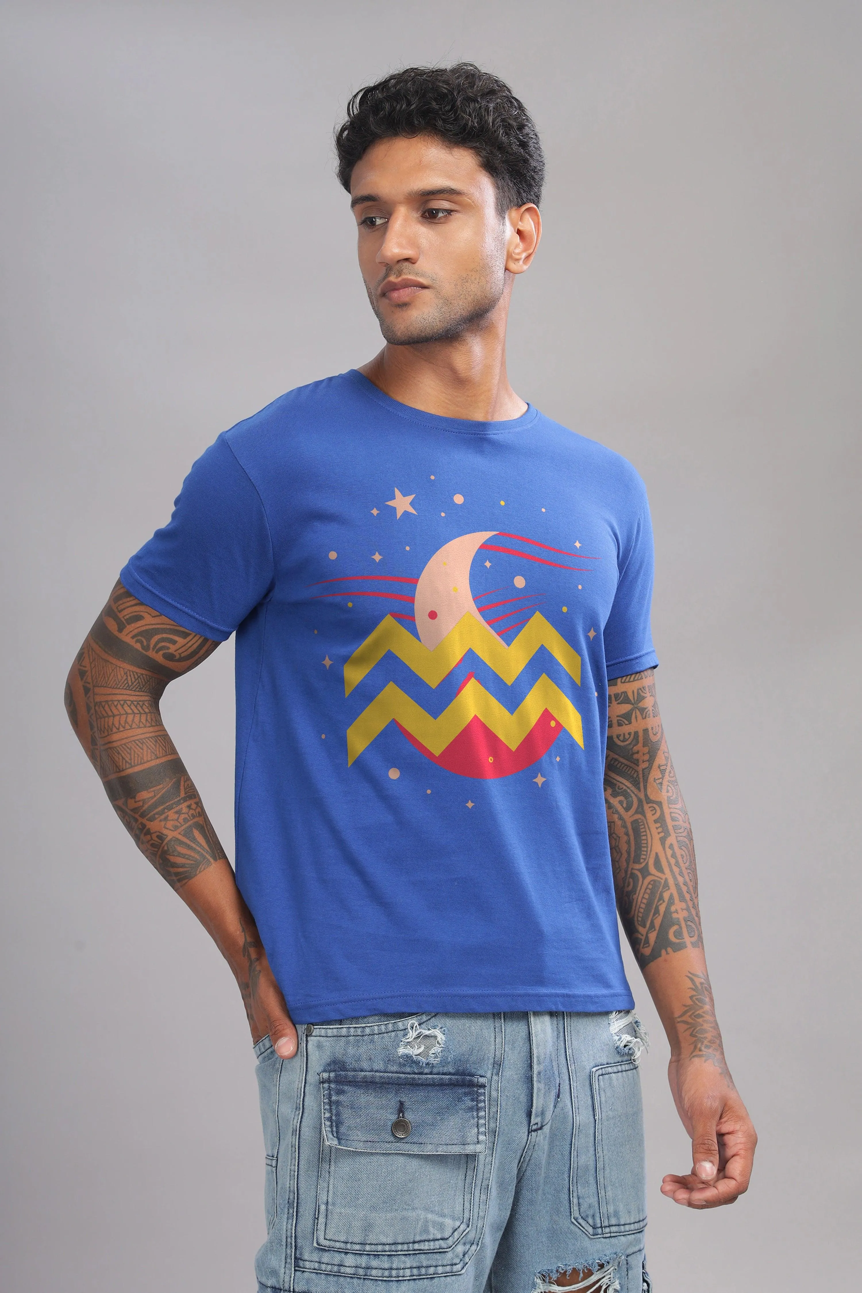 Waves of Aquarius Royal Blue Half Sleeve Printed Round Neck T-Shirt