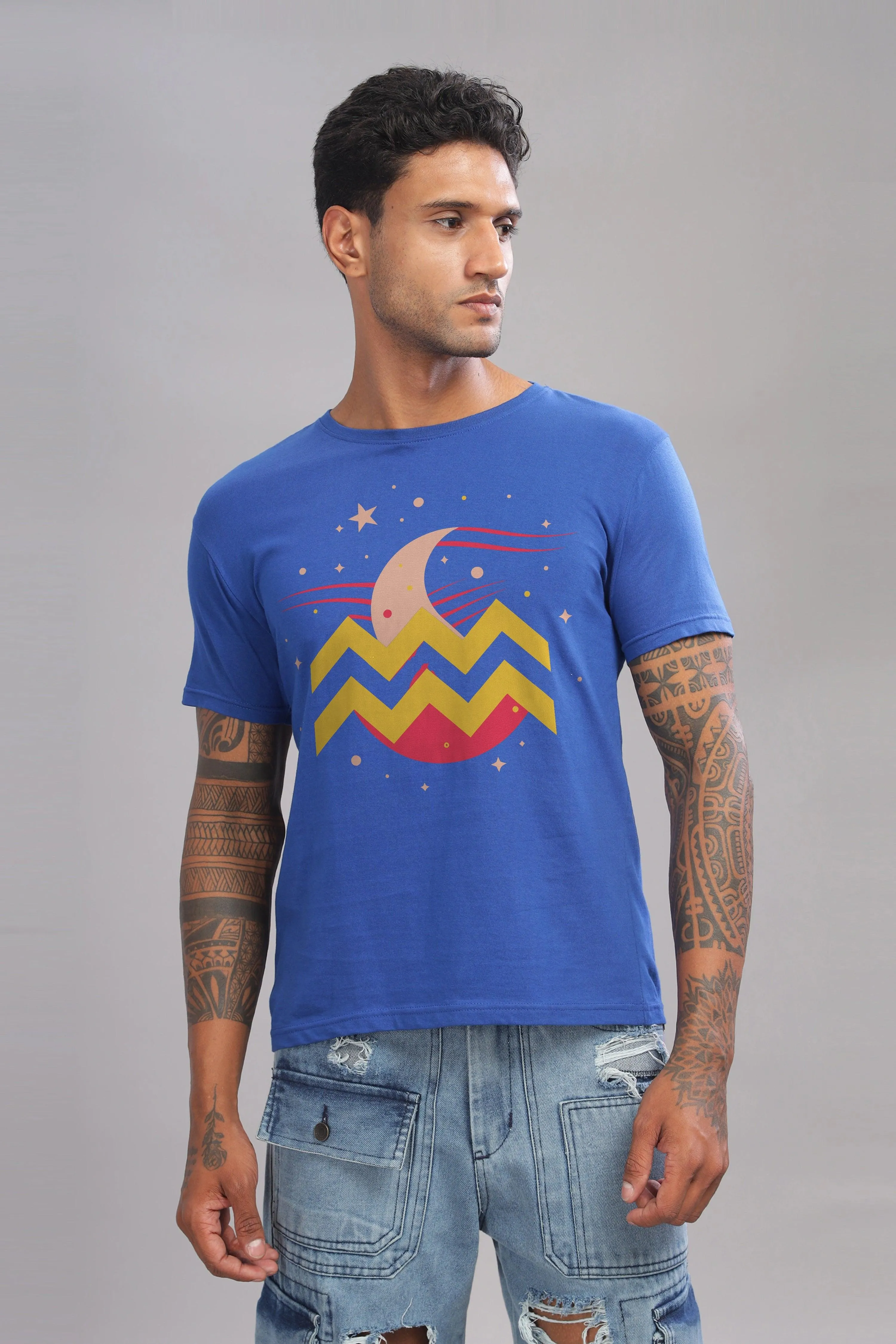 Waves of Aquarius Royal Blue Half Sleeve Printed Round Neck T-Shirt