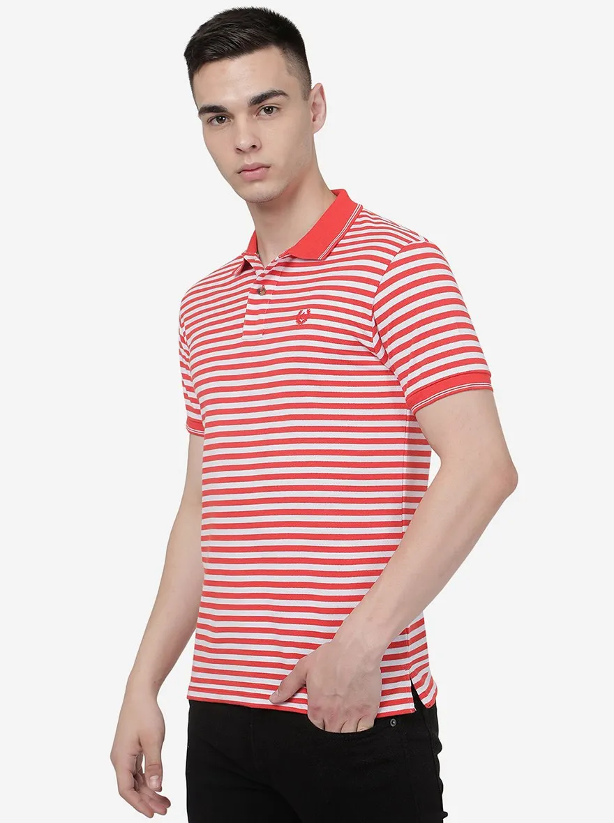 White & Orange Striped Slim Fit Polo T-Shirt | Greenfibre