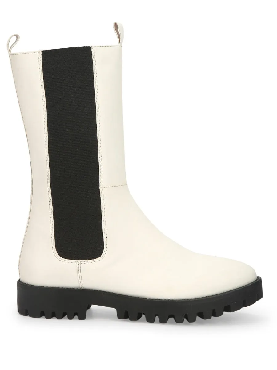 White PU Slide On Calf Length Boots