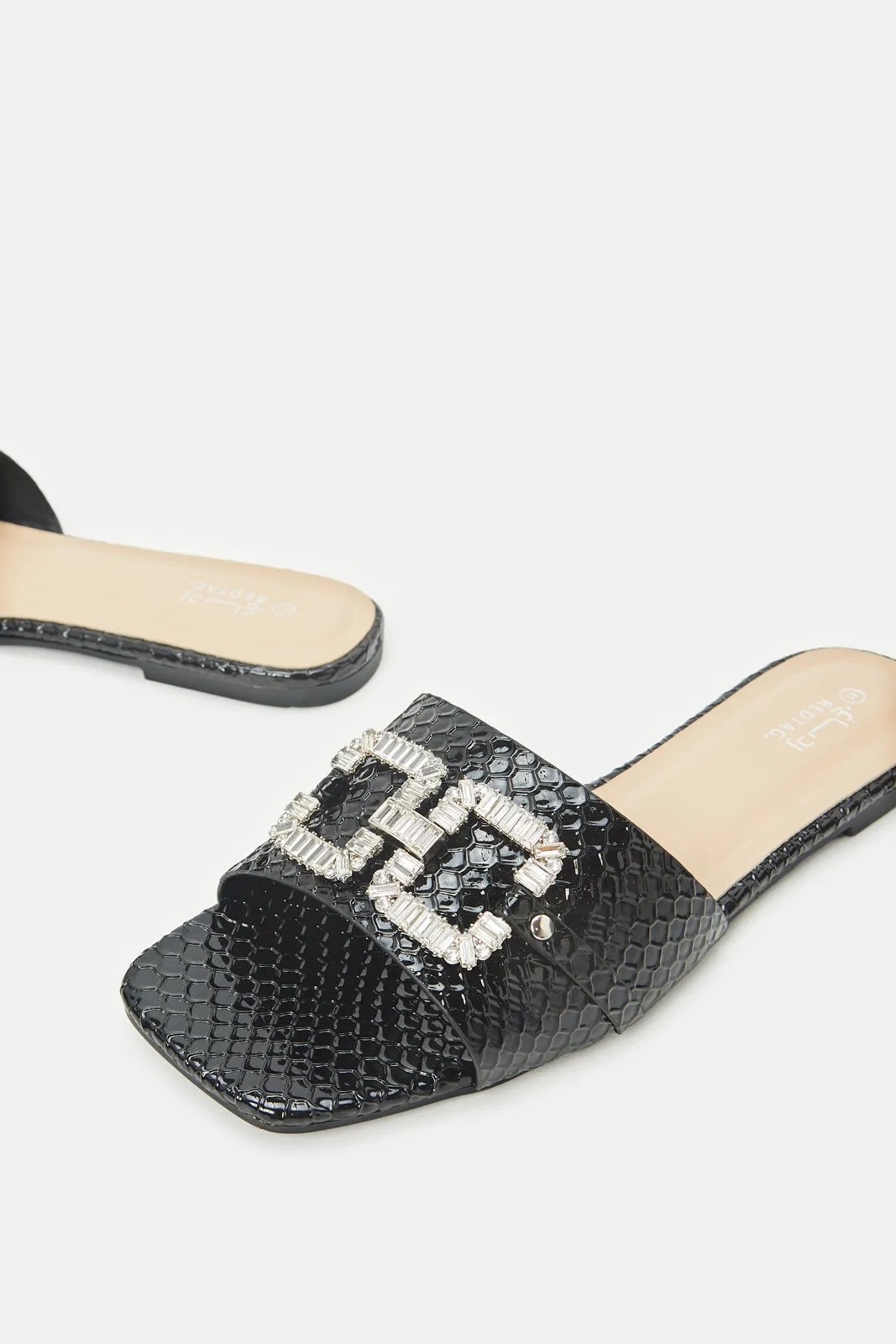 Women Black Croc Patent Mule