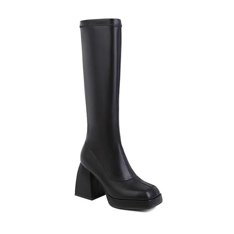 Women chunky high heel platform slip on knee high boots