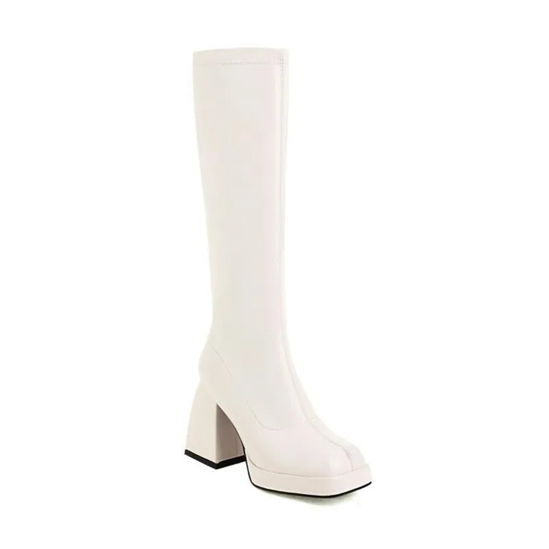 Women chunky high heel platform slip on knee high boots