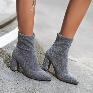 Women pointed toe elastic slip on chunky high heeled booties