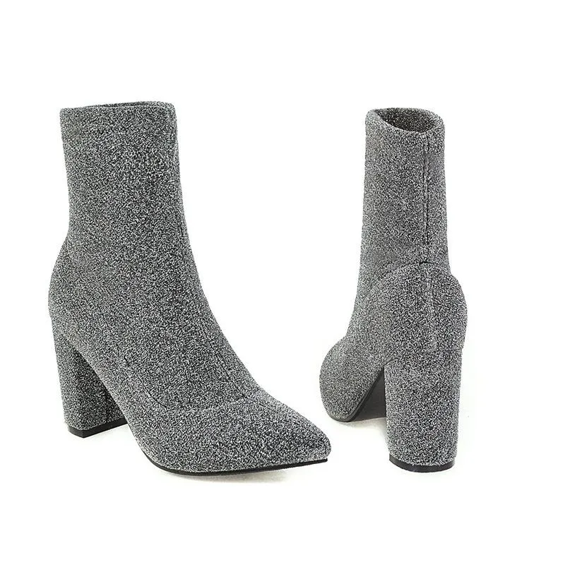 Women pointed toe elastic slip on chunky high heeled booties