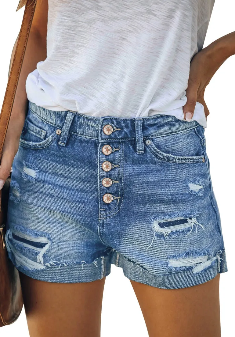 Women Summer High Waisted Sewn Cuffed Hem Buttons Denim Jean Shorts