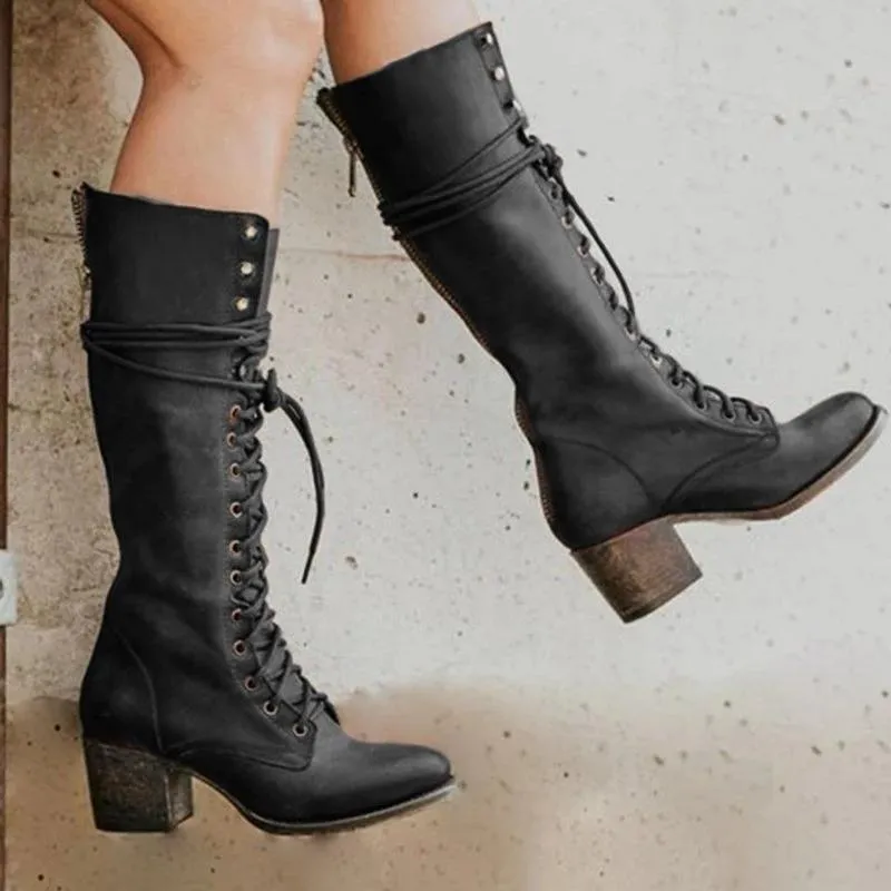 Women's knee high combat boots retro square block heel lace-up boots