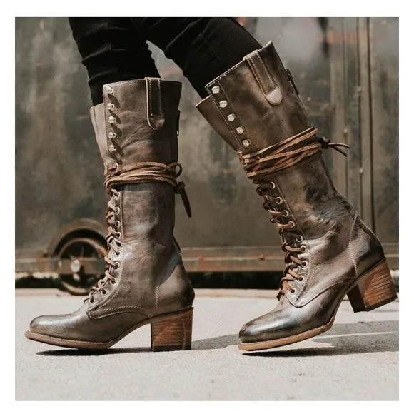 Women's knee high combat boots retro square block heel lace-up boots