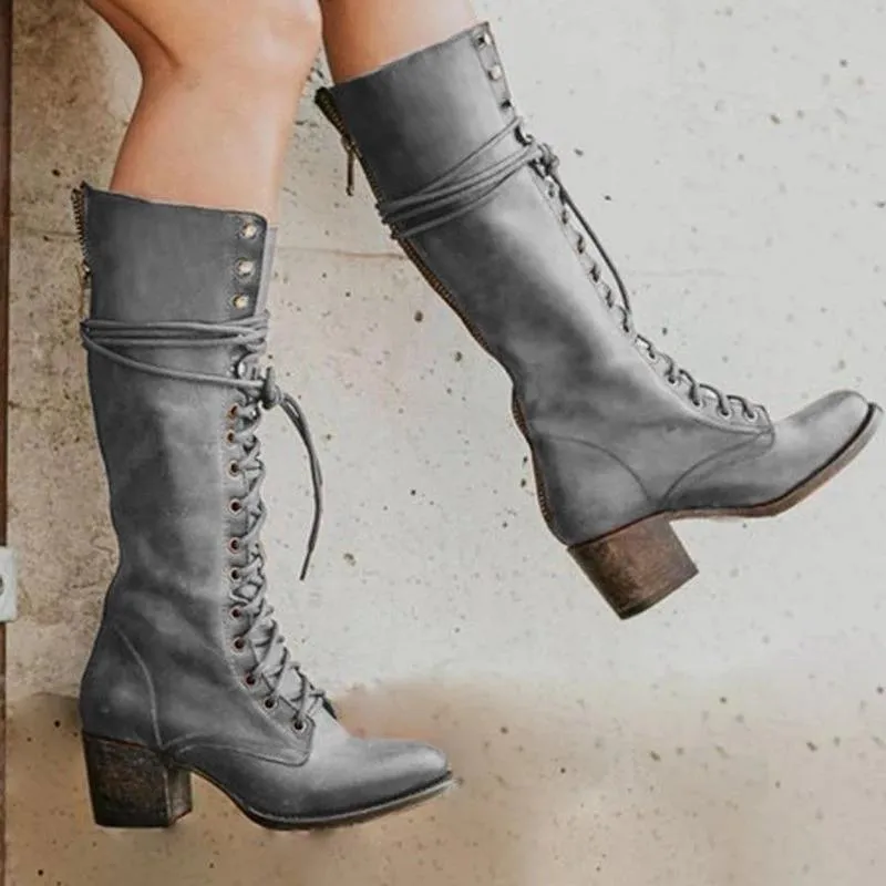 Women's knee high combat boots retro square block heel lace-up boots