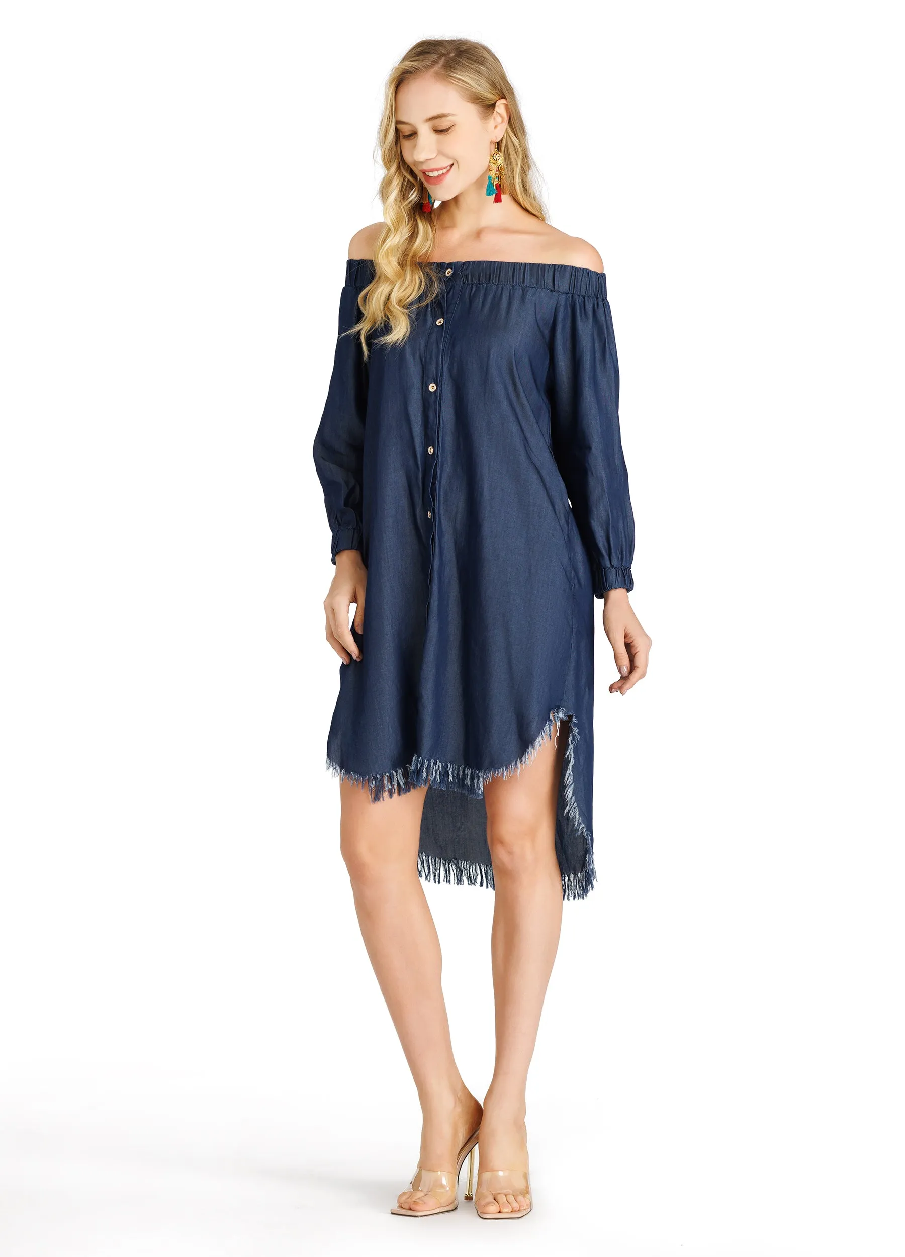 Women's Off Shoulder Raw Hem Denim Dress